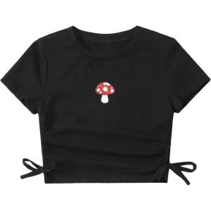 imageSHENHE Girls Mushroom Print Short Sleev Crop Tops Ruched Drawstring Tee T ShirtsBlack