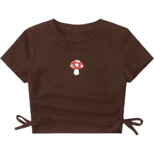 imageSHENHE Girls Mushroom Print Short Sleev Crop Tops Ruched Drawstring Tee T ShirtsChocolate Brown