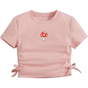 imageSHENHE Girls Mushroom Print Short Sleev Crop Tops Ruched Drawstring Tee T ShirtsLight Pink