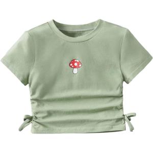 imageSHENHE Girls Mushroom Print Short Sleev Crop Tops Ruched Drawstring Tee T ShirtsMint Green