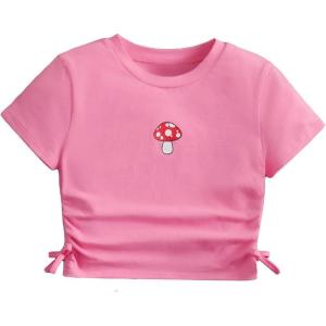 imageSHENHE Girls Mushroom Print Short Sleev Crop Tops Ruched Drawstring Tee T ShirtsPink