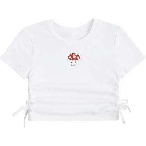 imageSHENHE Girls Mushroom Print Short Sleev Crop Tops Ruched Drawstring Tee T ShirtsWhite