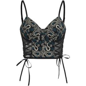 imageSHENHE Womens Casual Contrast Mesh Lace Up Deep V Neck Snake Print Crop Bustier Cami TopBlack