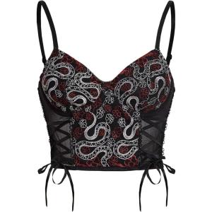 imageSHENHE Womens Casual Contrast Mesh Lace Up Deep V Neck Snake Print Crop Bustier Cami TopBurgundy