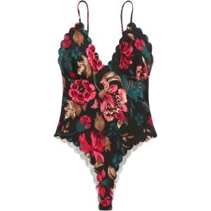 imageSHENHE Womens Floral V Neck Sleeveless Spaghetti Strap Scallop Trim Cami Bodysuit TopsBlack