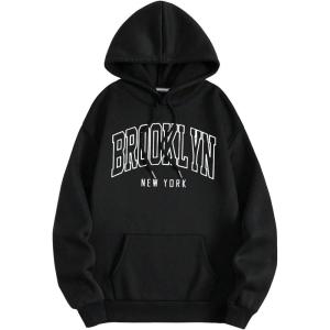 imageSHENHE Womens Letter Print Long Sleeve Drawstring Pullover Hoodie Sweatshirt Tops with PocketBlack