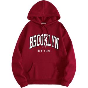 imageSHENHE Womens Letter Print Long Sleeve Drawstring Pullover Hoodie Sweatshirt Tops with PocketBurgundy