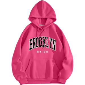 imageSHENHE Womens Letter Print Long Sleeve Drawstring Pullover Hoodie Sweatshirt Tops with PocketHot Pink