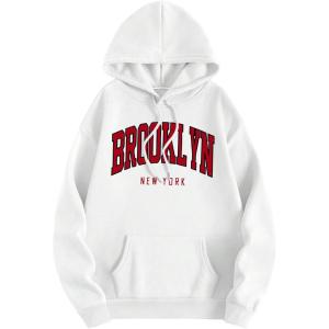imageSHENHE Womens Letter Print Long Sleeve Drawstring Pullover Hoodie Sweatshirt Tops with PocketWhite