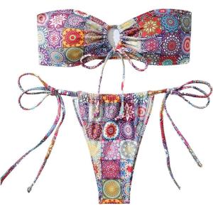 imageSHENHE Womens O Ring Bandeau Bikini Set 2 Piece Strapless Boho Swimsuit String Thong BikinisMulticolor