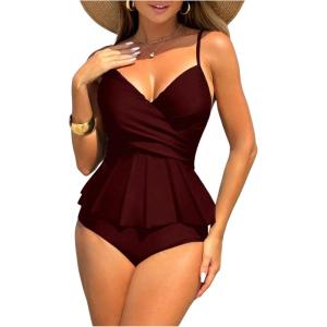 imageSHENHE Womens Ruffled Tankinni Swimsuit Tummy Control High Waisted Peplum Bathing SuitsBurgundy