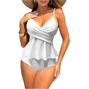 imageSHENHE Womens Ruffled Tankinni Swimsuit Tummy Control High Waisted Peplum Bathing SuitsWhite