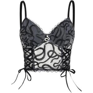 imageSHENHE Womens Sexy Sheer Mesh Lace Up Bustier Corset Snake Print Y2k Crop Cami TopBlack