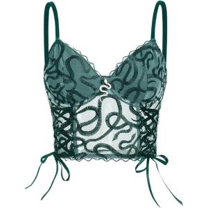 imageSHENHE Womens Sexy Sheer Mesh Lace Up Bustier Corset Snake Print Y2k Crop Cami TopGreen