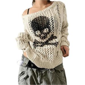 imageSHENHE Womens Skull Print Hollow Out Loose Knit Goth Grunge Off Shoulder Sheer SweaterBeige