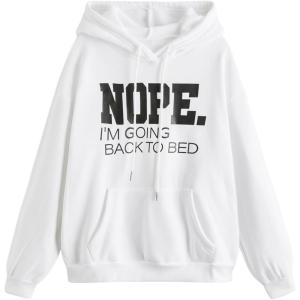 imageSHENHE Womens Slogan Letter Print Long Sleeve Hooded Sweatshirt Pullover Hoodie TopsWhite and Black