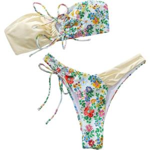 imageSHENHE Womens Strapless 2 Piece Swimsuits Floral Colorblock Lace Up Bandeau Bikini SetMulticolor