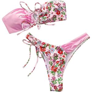 imageSHENHE Womens Strapless 2 Piece Swimsuits Floral Colorblock Lace Up Bandeau Bikini SetPink