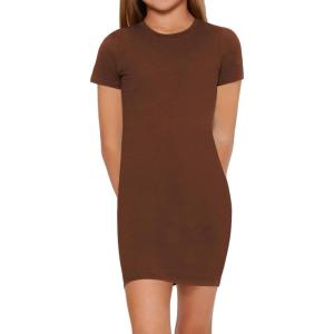 imageSHENHE Girls Basic Short Sleeve Crew Neck Bodycon T Shirt Pencil Mini DressesCoffee Brown