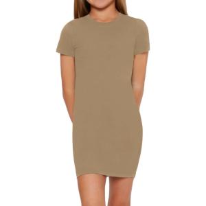 imageSHENHE Girls Basic Short Sleeve Crew Neck Bodycon T Shirt Pencil Mini DressesMocha Brown
