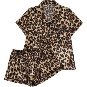 imageSHENHE Womens 2 Piece Satin Pajama Set Leopard Short Sleeve Button Down Pj Shorts SetBrown