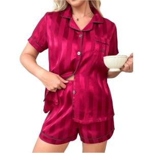 imageSHENHE Womens 2 Piece Satin Pajama Set Leopard Short Sleeve Button Down Pj Shorts SetBurgundy