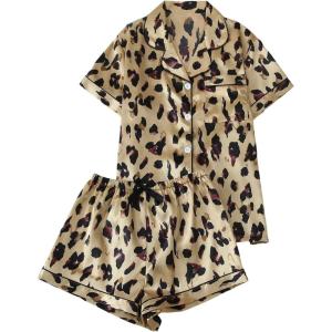 imageSHENHE Womens 2 Piece Satin Pajama Set Leopard Short Sleeve Button Down Pj Shorts SetDark Khaki