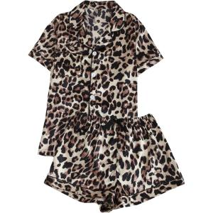 imageSHENHE Womens 2 Piece Satin Pajama Set Leopard Short Sleeve Button Down Pj Shorts SetYellow
