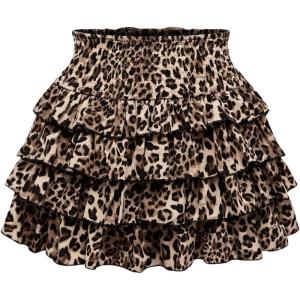 imageSHENHE Womens Y2K Tiered Layer Skirt High Waist Leopard Ruffle Mini Skirt Cake SkirtBrown