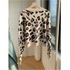 imageSHENHE Womens Leopard Print Bow Tie Front Crew Neck Cropped Cardigan Sweater TrendyKhaki