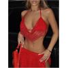 imageSHENHE Womens Sparkly Sexy 2 Piece Set Mesh Halter Crop Top and Wrap Slit Mini Skirt Rave Outfits Red Small