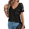 imageSHENHE Womens V Neck Short Sleeve Contrast Sequin Pocket Patched Tee Shirt TopBlack