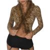 imageSHENHE Womens Y2k Leopard Crop Top Faux Fur Fuzzy Long Sleeve V Neck Fitted Party ShirtBrown