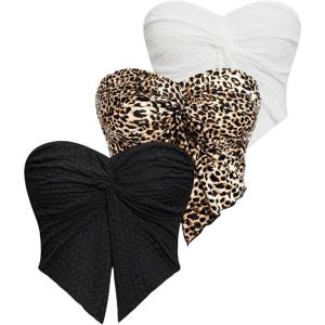 imageSHENHE Womens 3 Pack Y2k Sexy Twist Front Leopard Tube Strapless Split Hem Bandeau Top TubeBlack White Brown