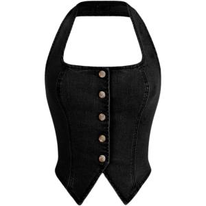 imageSHENHE Womens Denim Tops Y2K Halter Button Up Strapless Jean Vest Western Going Out Crop TopBlack