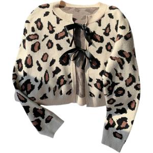 imageSHENHE Womens Leopard Print Bow Tie Front Crew Neck Cropped Cardigan Sweater TrendyKhaki