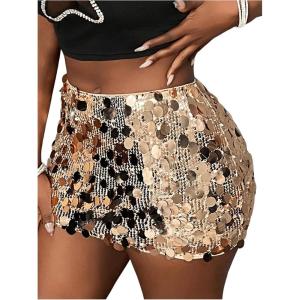 imageSHENHE Womens Sequin Skirt Glitter Low Rise Bodycon Sexy Mini Skirt Rave Sparkly SkirtChampagne