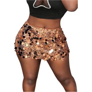 imageSHENHE Womens Sequin Skirt Glitter Low Rise Bodycon Sexy Mini Skirt Rave Sparkly SkirtMocha Brown