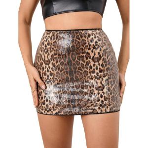 imageSHENHE Womens Sparkly Sequin Low Rise Rhinestone Bodycon Sexy Mini Skirt Party SkirtLeopard Brown