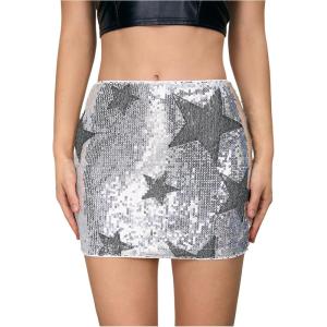imageSHENHE Womens Sparkly Sequin Low Rise Rhinestone Bodycon Sexy Mini Skirt Party SkirtStar Print Silver