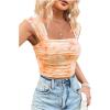 imageSHENHE Womens Floral Tie Dye Wide Strap Square Neck Ruched Casual Fitted Crop Tank TopLight Orange