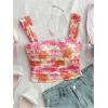 imageSHENHE Womens Floral Tie Dye Wide Strap Square Neck Ruched Casual Fitted Crop Tank TopOrange Pink Multi