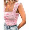 imageSHENHE Womens Floral Tie Dye Wide Strap Square Neck Ruched Casual Fitted Crop Tank TopPink