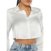 imageSHENHE Womens Satin Button Down Collar Neck Long Sleeve Crop Blouse Shirt TopWhite