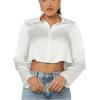 imageSHENHE Womens Satin Button Down Collar Neck Long Sleeve Crop Blouse Shirt TopWhite