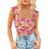 imageSHENHE Womens Floral Tie Dye Wide Strap Square Neck Ruched Casual Fitted Crop Tank TopOrange Pink Multi