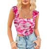 imageSHENHE Womens Floral Tie Dye Wide Strap Square Neck Ruched Casual Fitted Crop Tank TopPurple Pink Multi