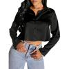 imageSHENHE Womens Satin Button Down Collar Neck Long Sleeve Crop Blouse Shirt TopBlack