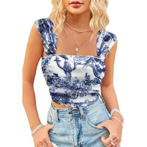 imageSHENHE Womens Floral Tie Dye Wide Strap Square Neck Ruched Casual Fitted Crop Tank TopBlue and White