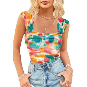 imageSHENHE Womens Floral Tie Dye Wide Strap Square Neck Ruched Casual Fitted Crop Tank TopGreen Pink Multi
